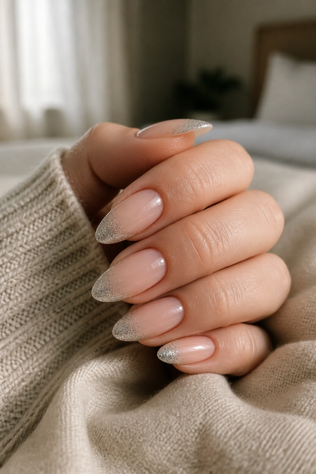 Close-up of a real hand with glitter-tipped almond nails on nude base.