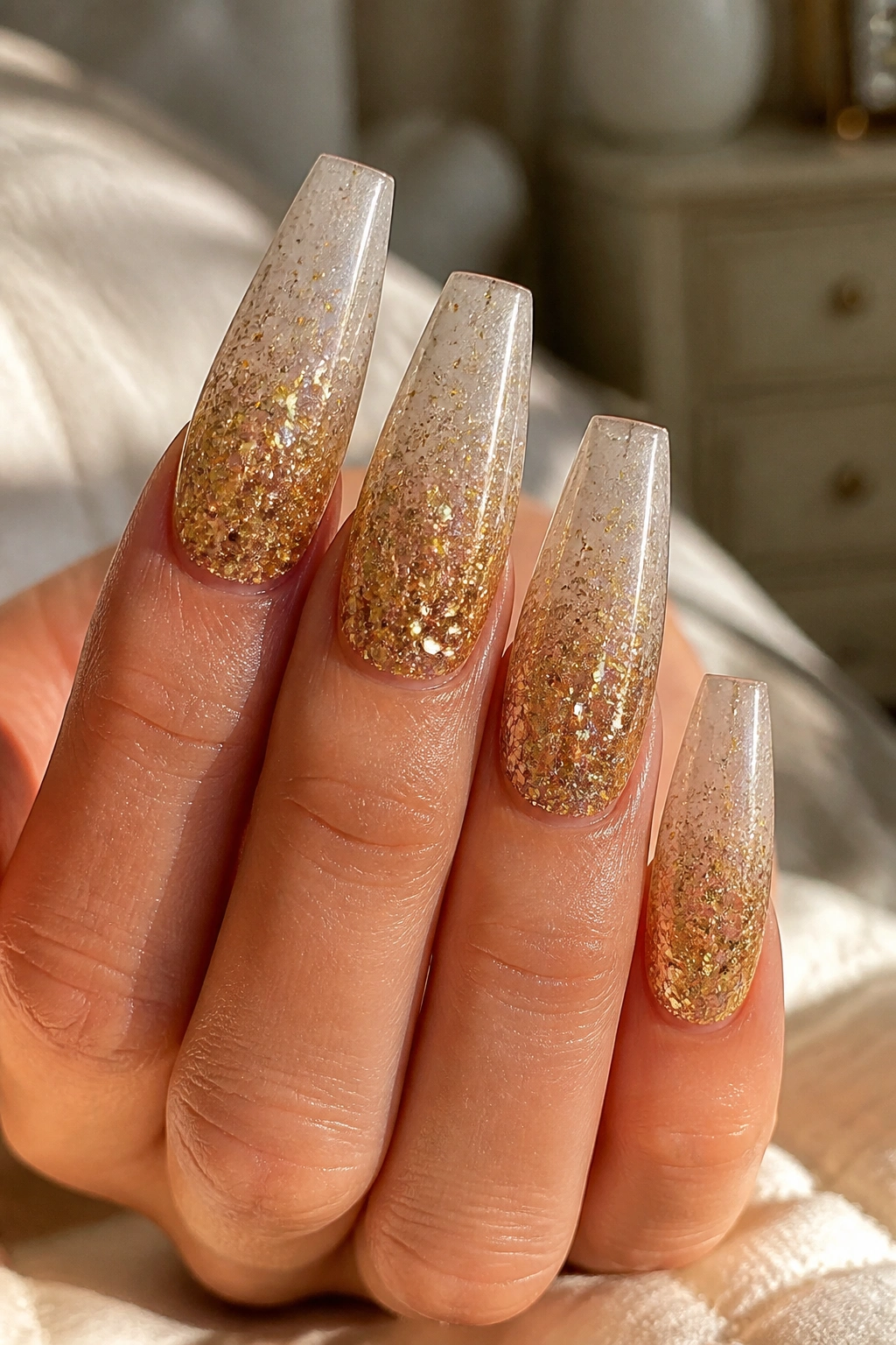 Close-up of glitter fade coffin nails with dense gold near the cuticle on a real hand