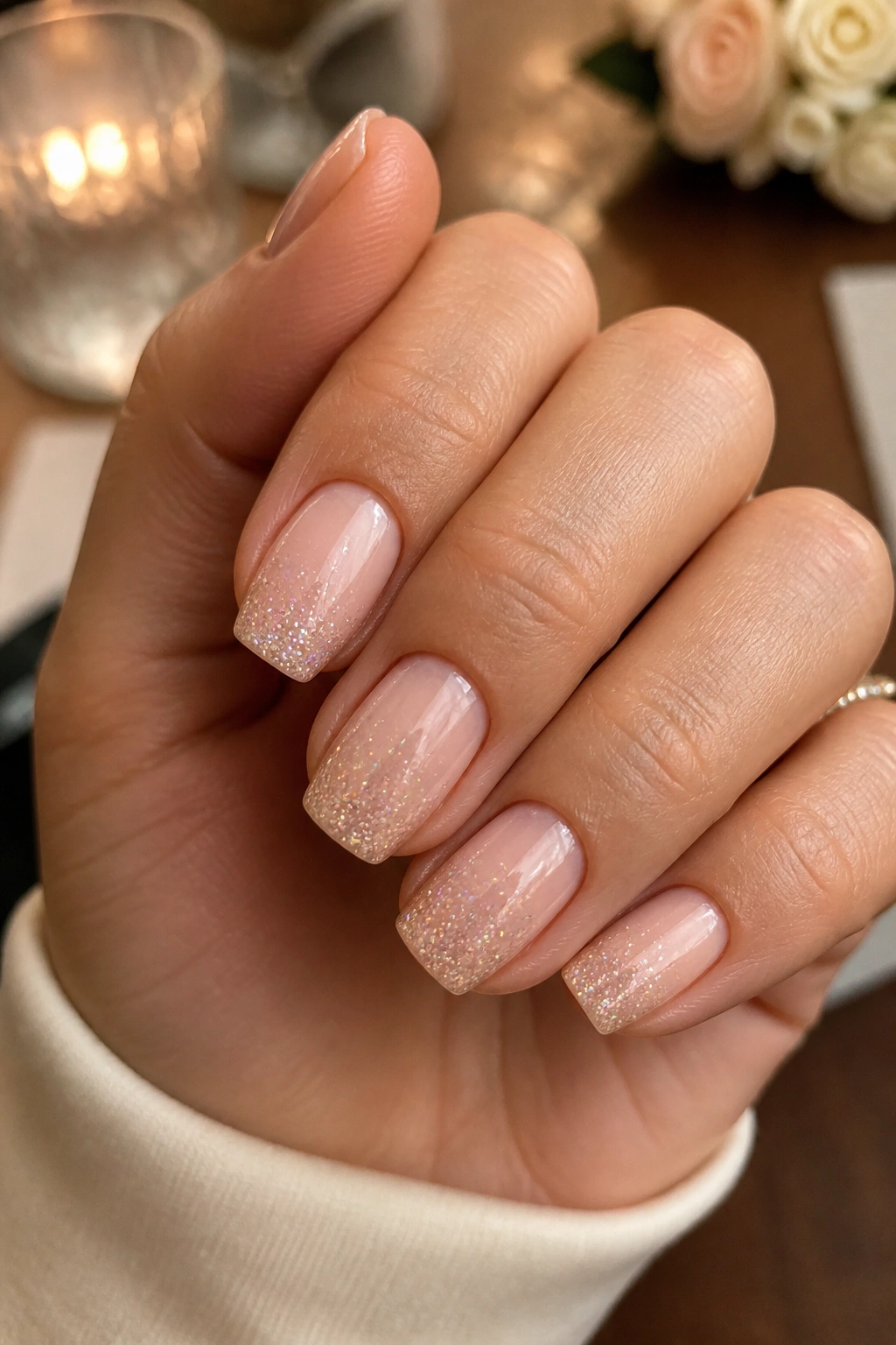 Close-up of short coffin nails with a fine glitter fade at the tips.