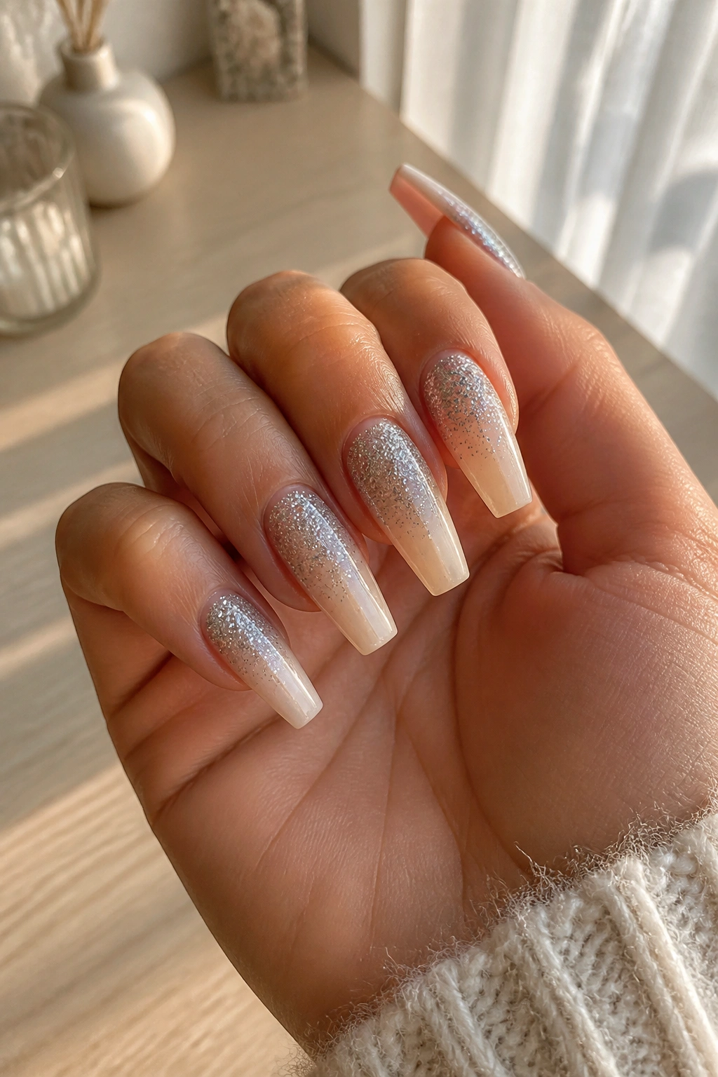 Close-up of silver glitter fade coffin nails with base glitter near cuticle