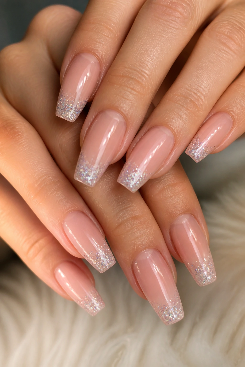 Close-up of hands with Glitter French Tips on coffin nails with a sheer nude base