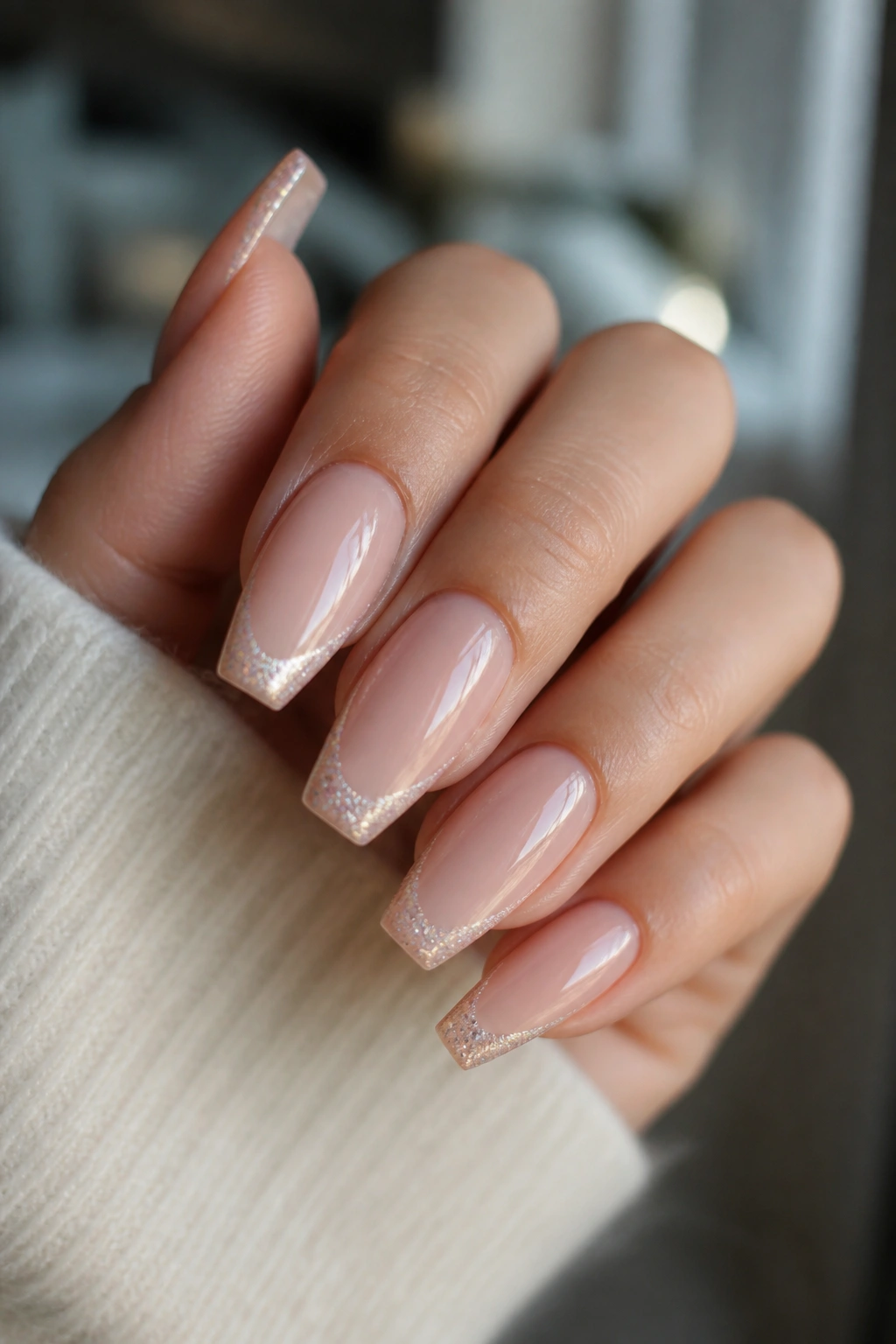 Hand with coffin nails featuring fine shimmering glitter tip on nude base