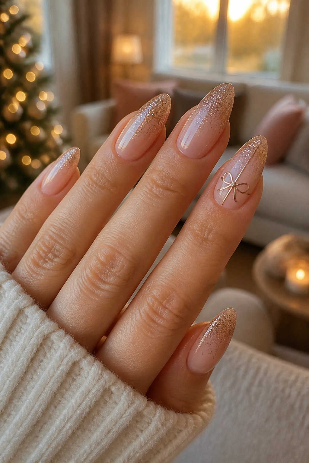 Close-up of glitter gradient almond nails with one clean bow on the accent nail