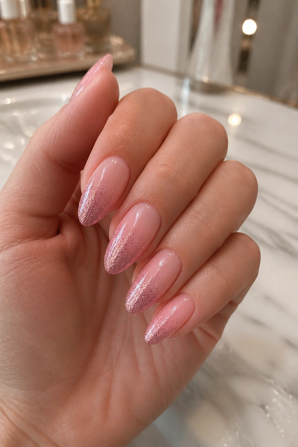 Close-up of pink glitter gradient on pale pink almond nails