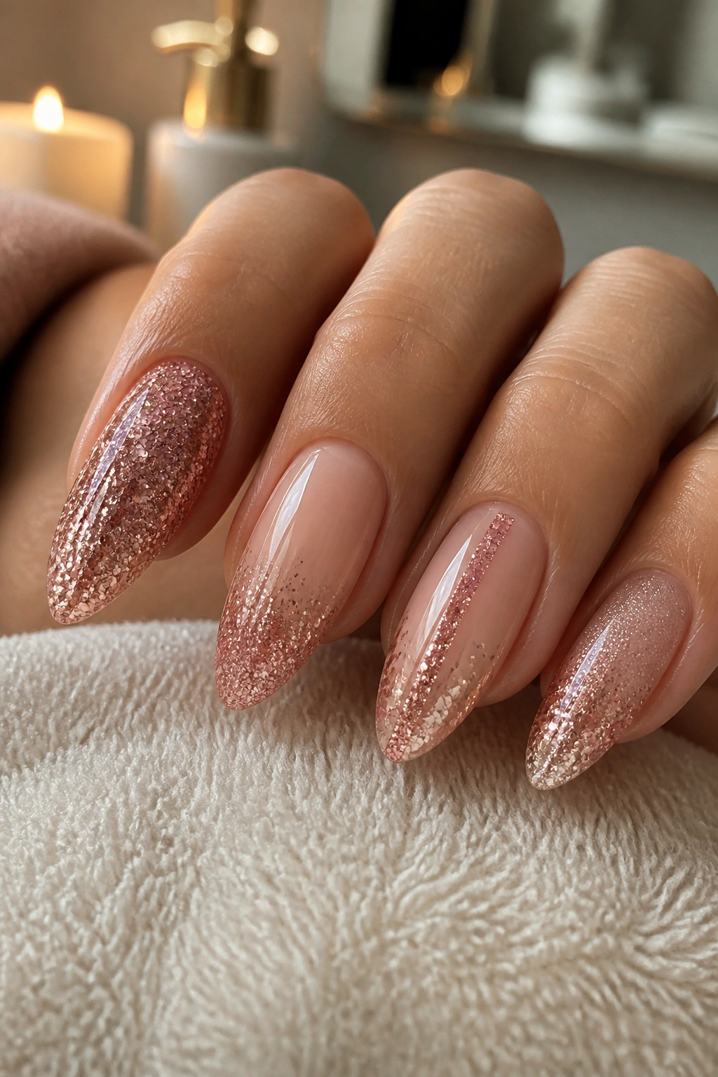 Almond nails with mix-and-match glitter gradient designs on a hand
