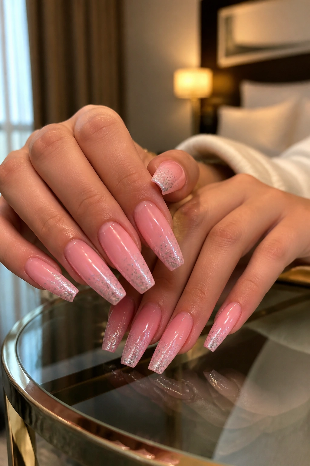 Close-up of pink ombre coffin nails with fine silver glitter at tip on a real hand