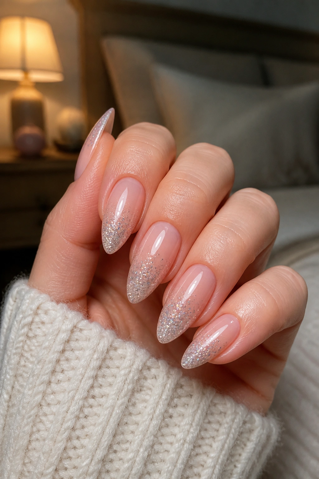 Almond nails with glitter ombré fade on nude base