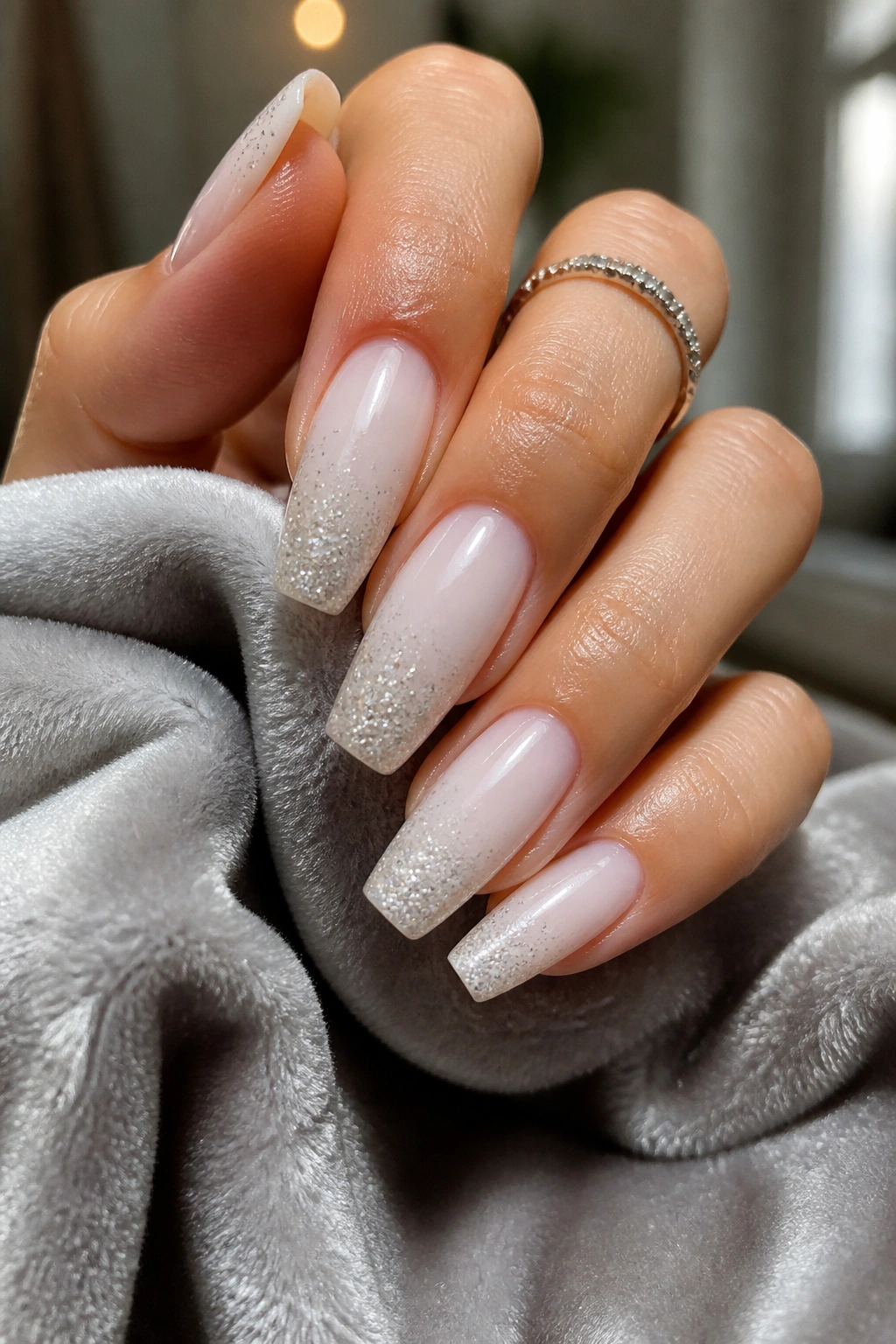 Close-up of nails with fine silver glitter sugar fade over white ombre.