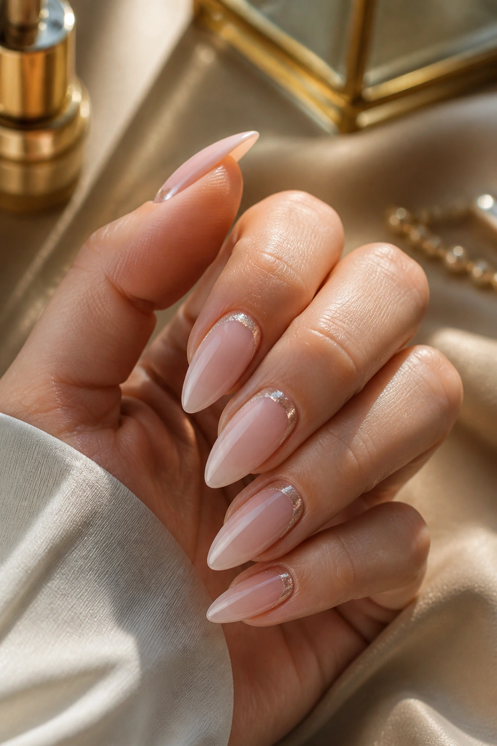 Almond nails with glitter smile line over nude base
