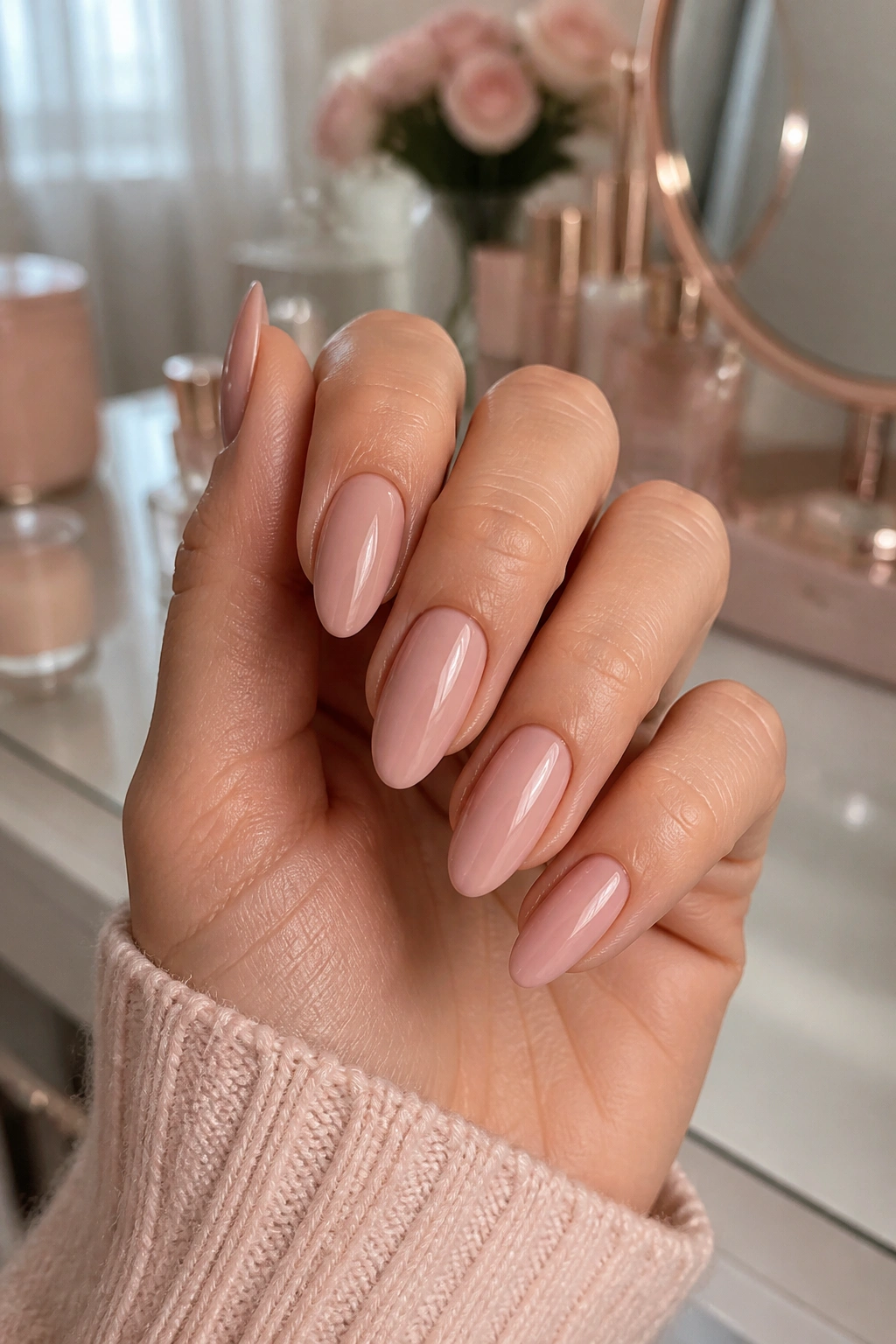 Close-up of hand showing blush nude gloss almond nails