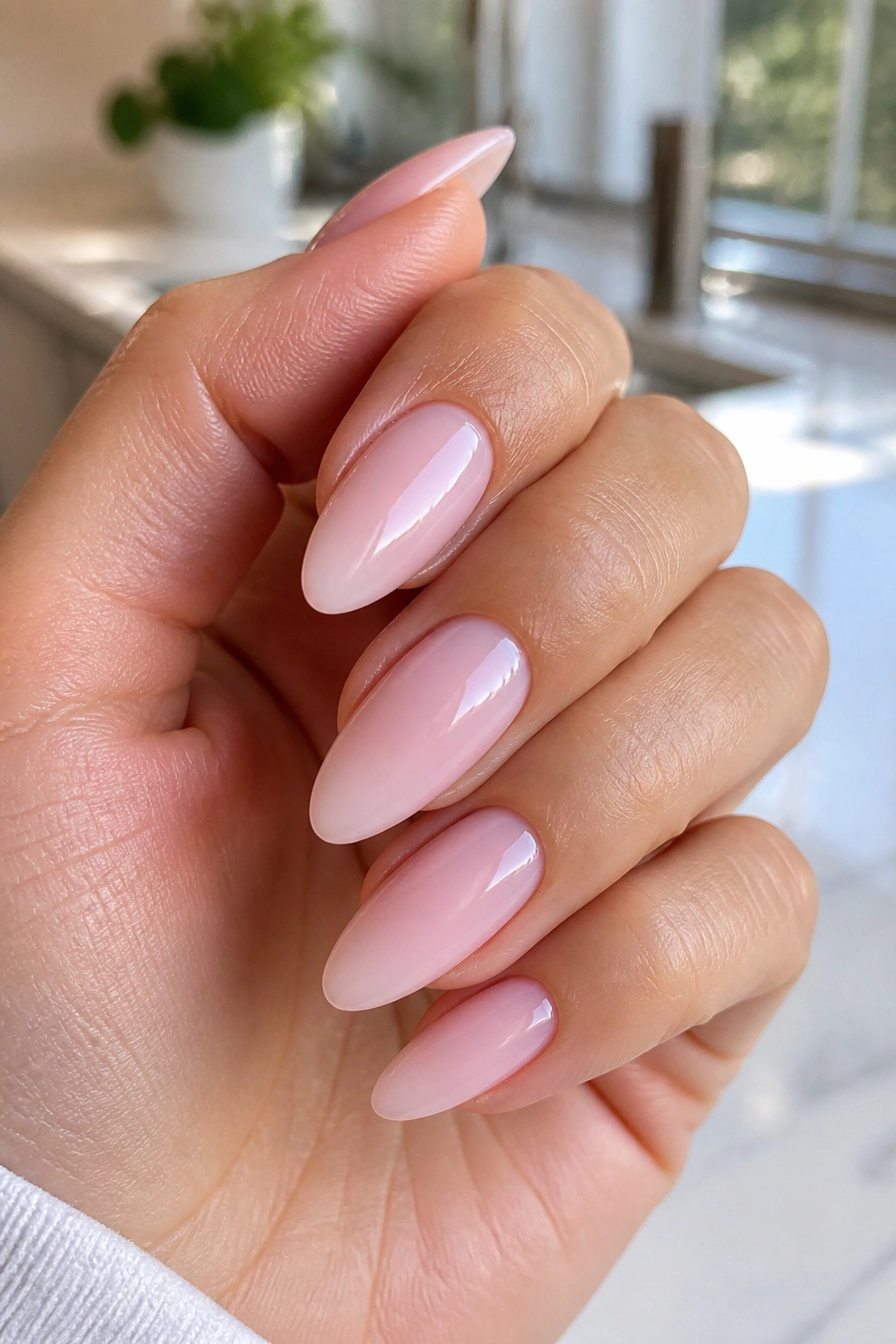 Almond nails in glossy ballet pink on a real hand