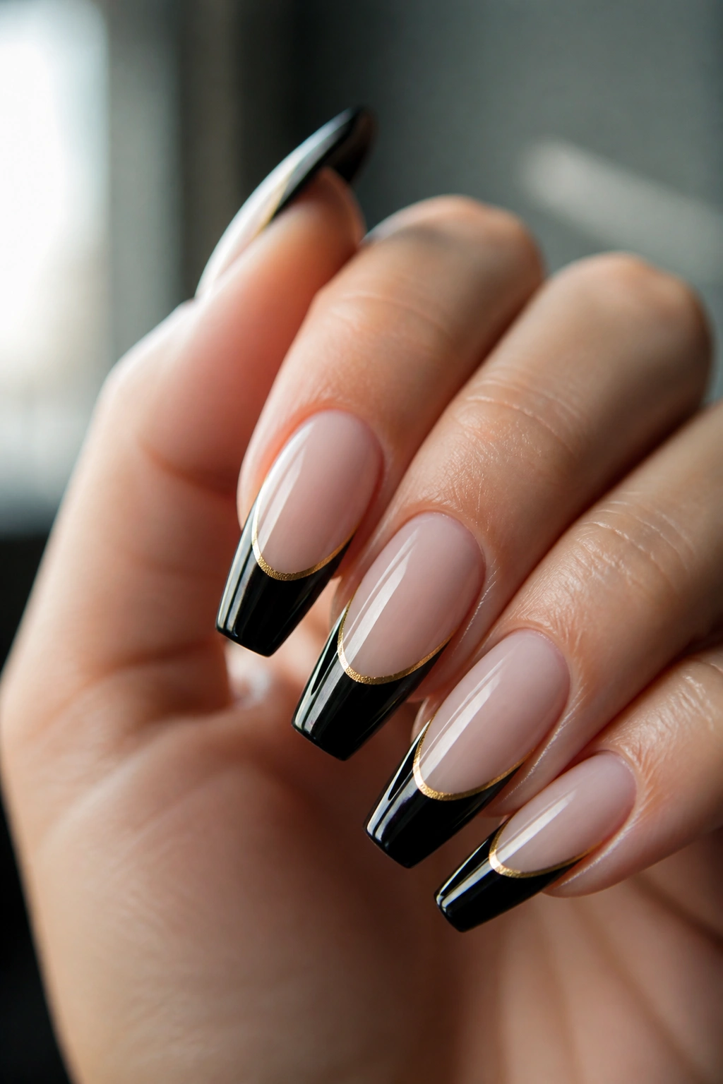 Nude base coffin nails with glossy black tips and thin gold borders on real hand
