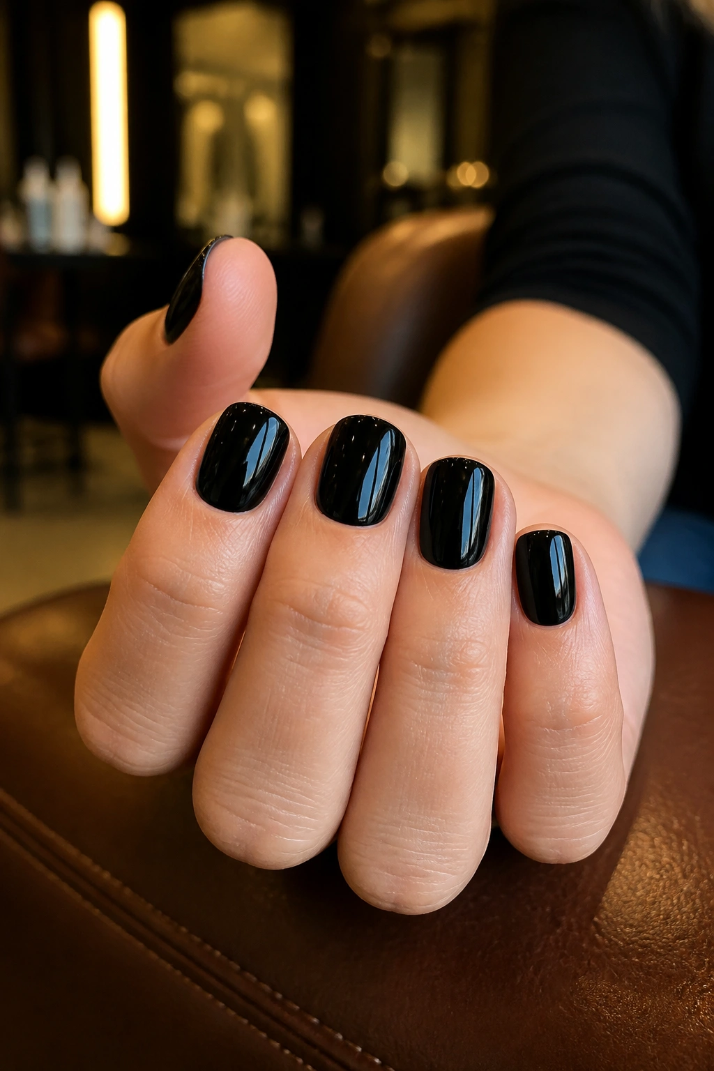 Close-up of glossy black micro coffin nails with perfect sidewalls.