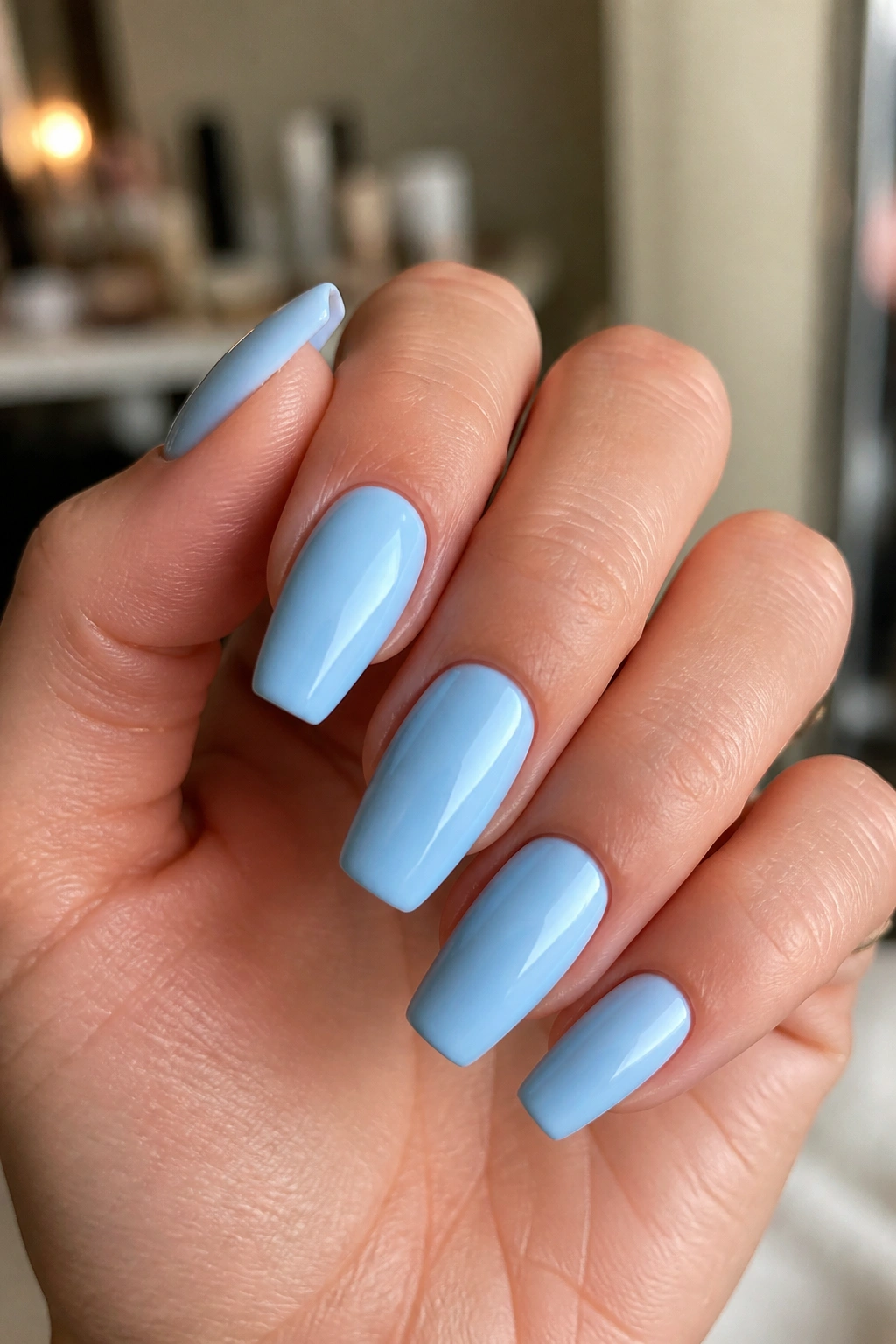 Real hand with glossy full-coverage baby blue coffin nails