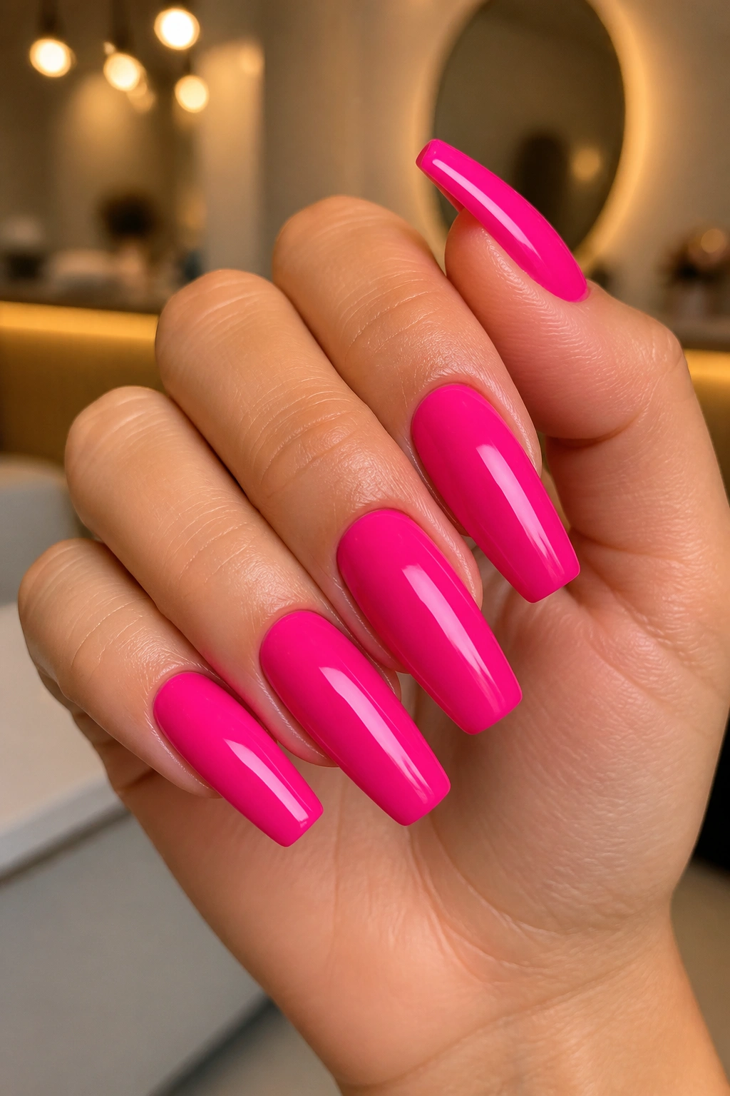 Close-up of solid glossy hot pink coffin nails on a real hand