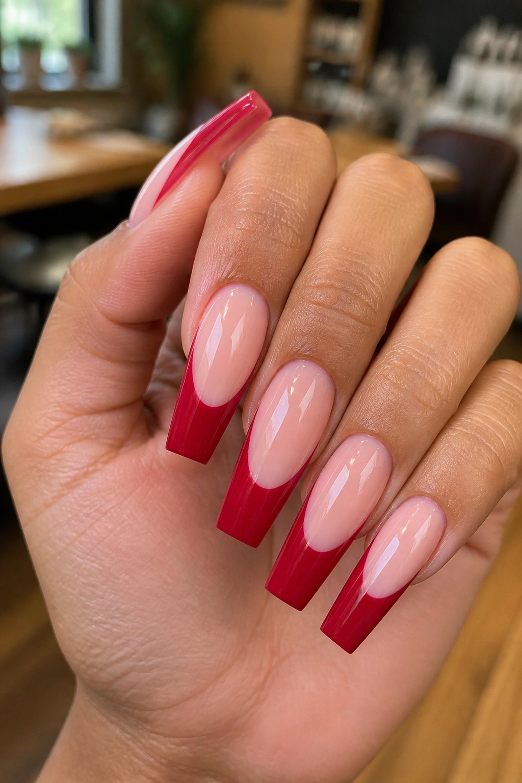 Close-up of coffin nails with glossy cherry red tips and a deep U-shaped smile line on a real hand
