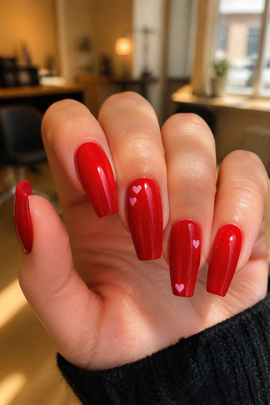 Close-up of glossy cherry-red coffin nails with tiny heart accents on a real hand.