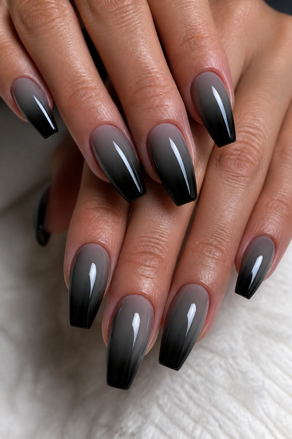 Medium coffin nails with glossy gray smoke fade