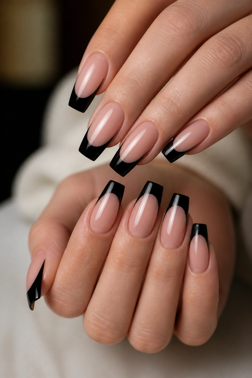 Medium coffin nails with glossy black tips over sheer pink base