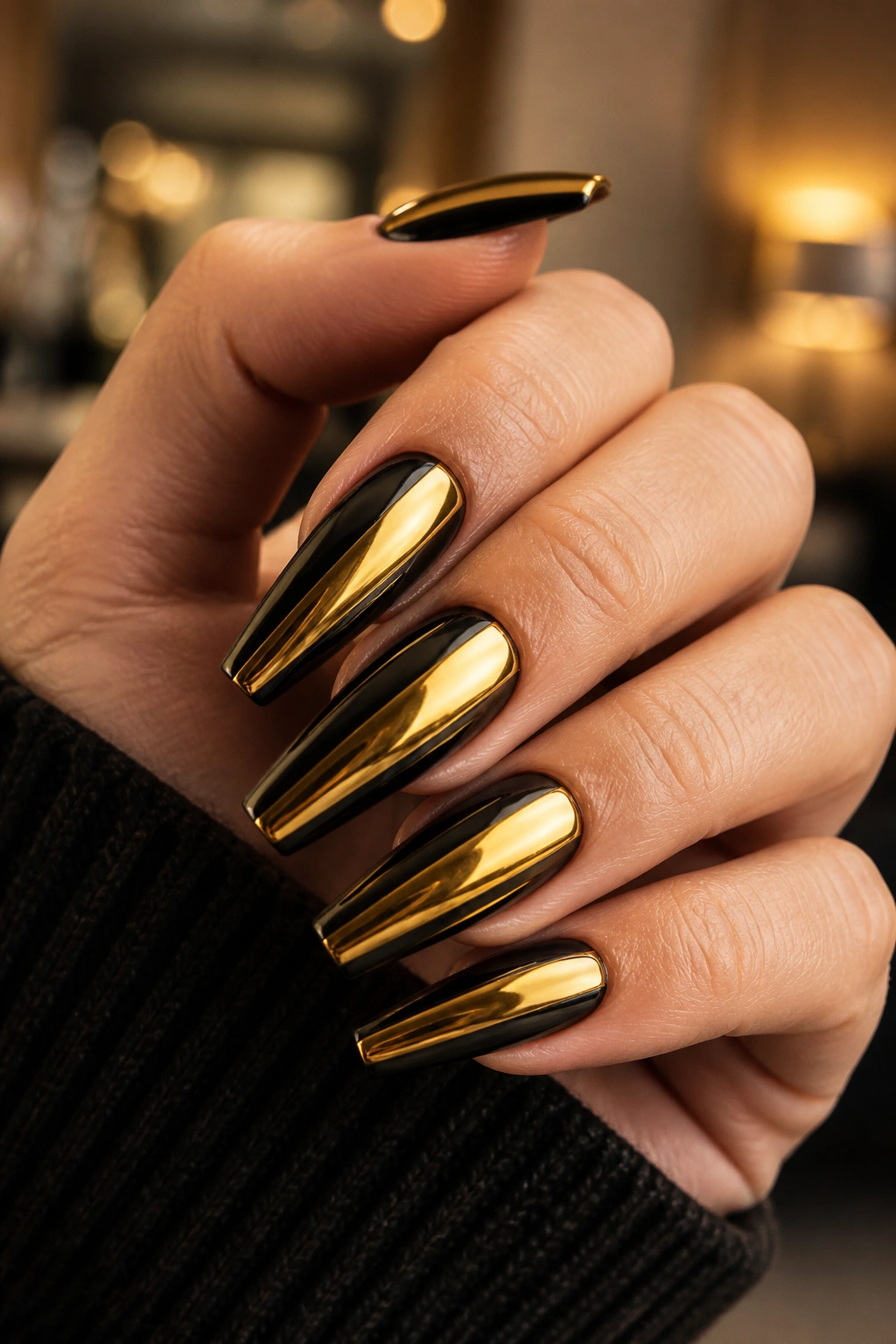 Close-up of coffin nails with metallic gold chrome finish on real hand