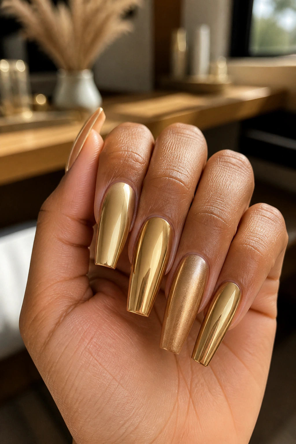 Close-up of hand with coffin nails in varied gold tones in a warm salon setting