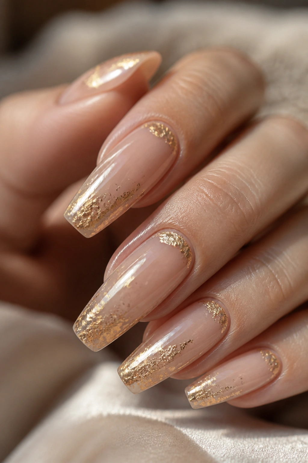 Coffin nails with sheer nude base and gold foil accents