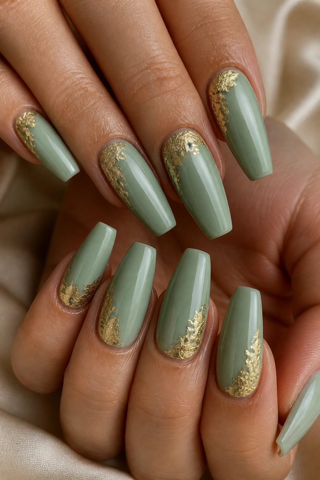 Close-up of hands with Gold Foil on a Soft Sage Base coffin nails