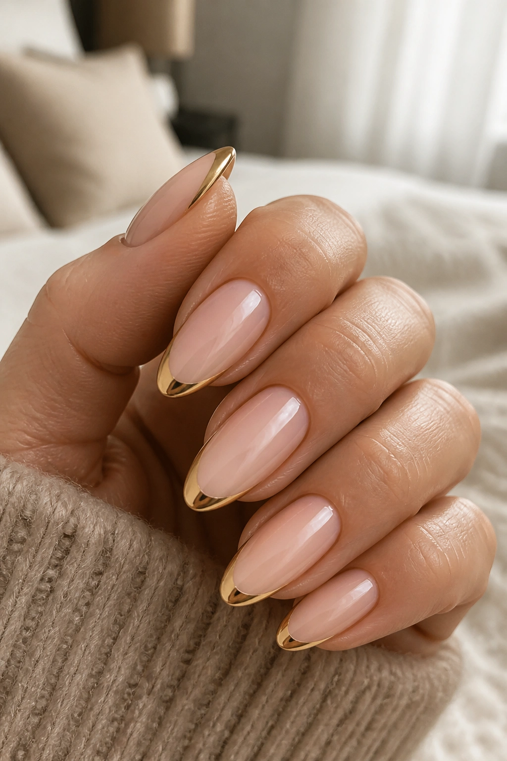Close-up of real hand with nude almond nails and thin gold smile line in natural light