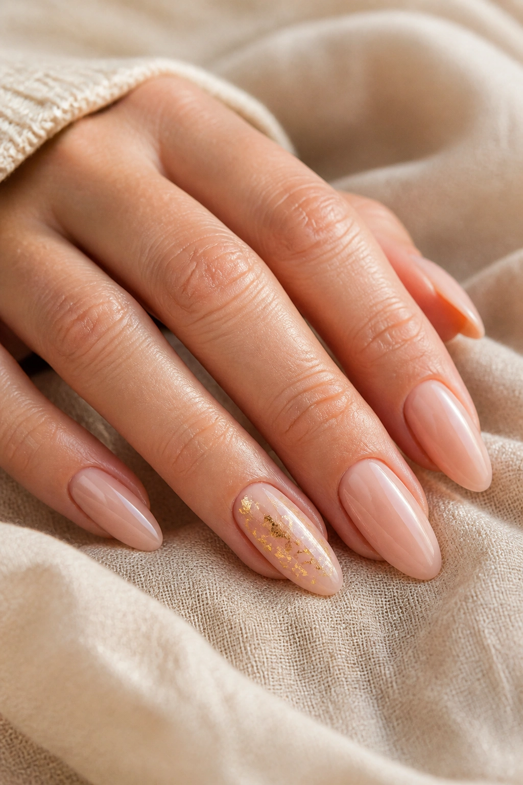 Close-up of nude almond nails with gold leaf accent on a real hand