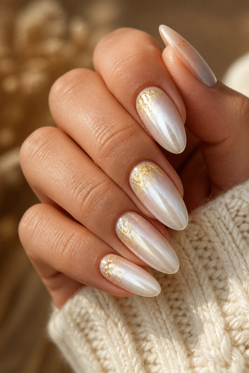 Almond nails with pearl base and gold leaf accents on a real hand.