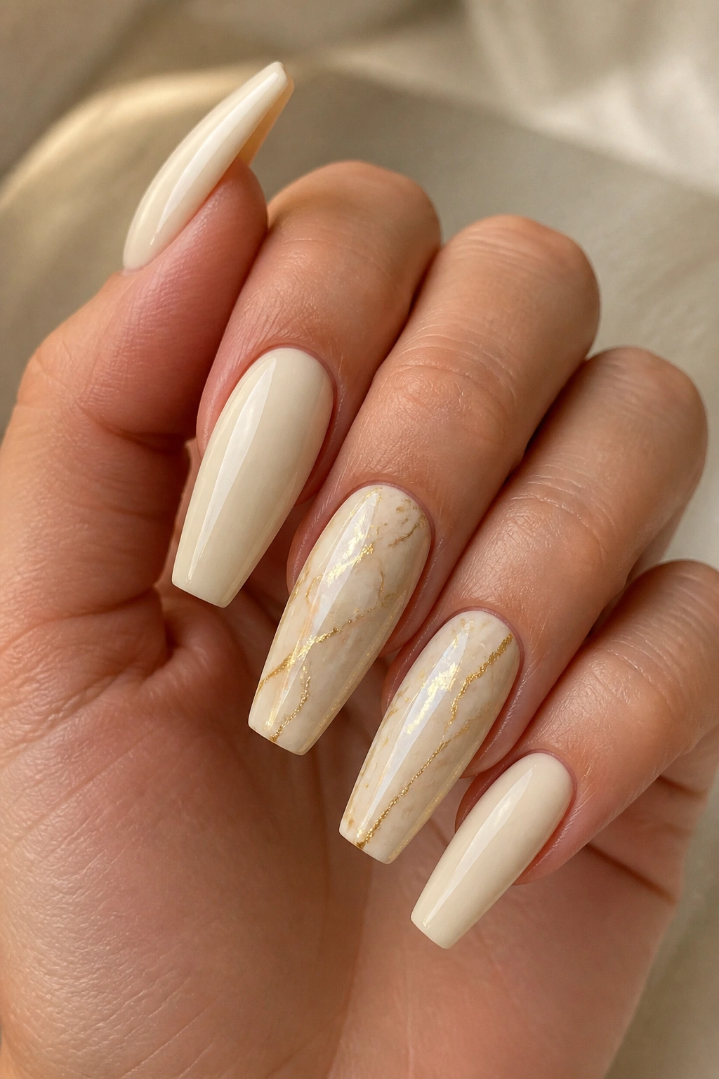 Close-up of gold marble coffin nails on a cream base on a real hand