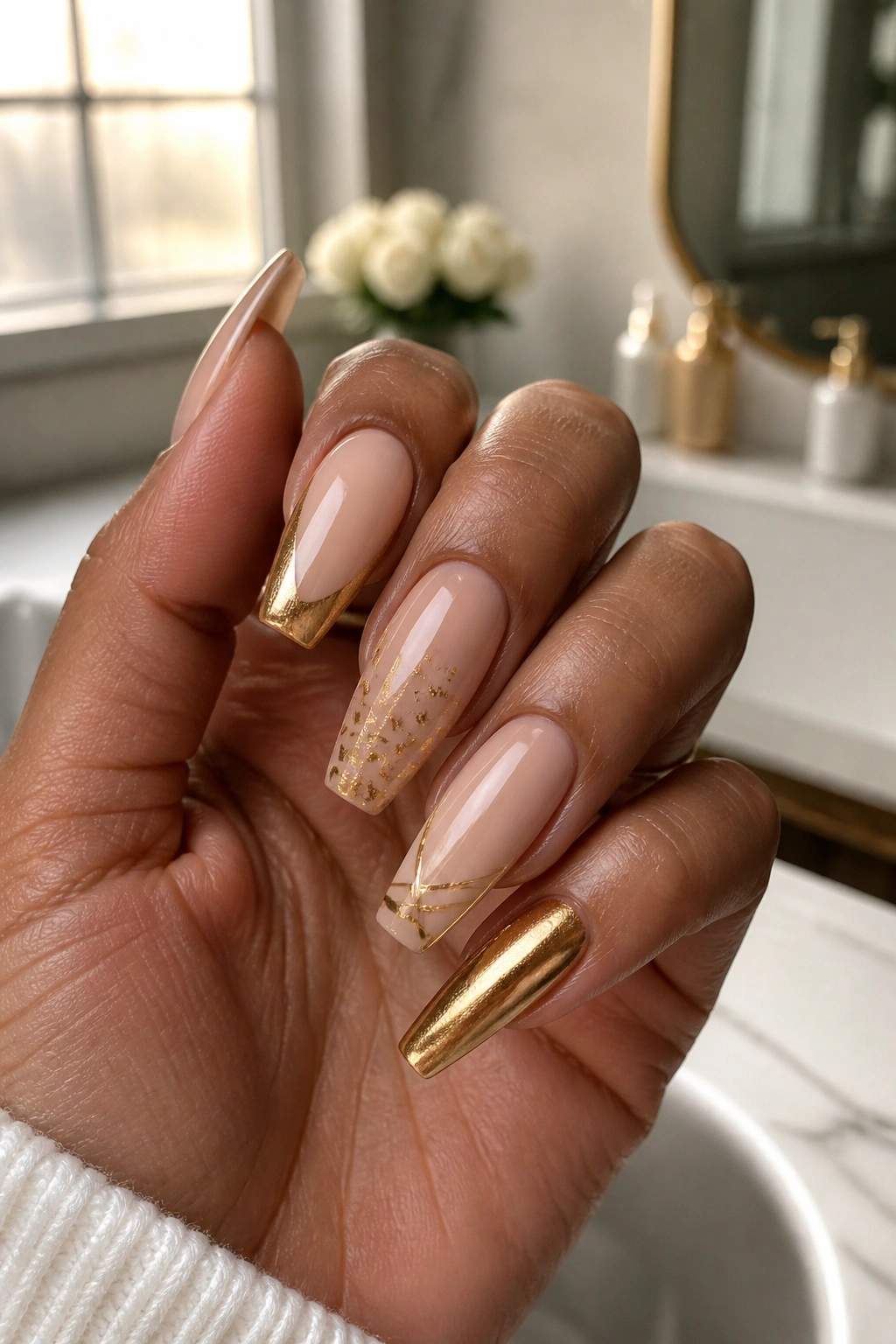 Close-up of a real hand showing refined gold nail detailing to avoid a cheap look