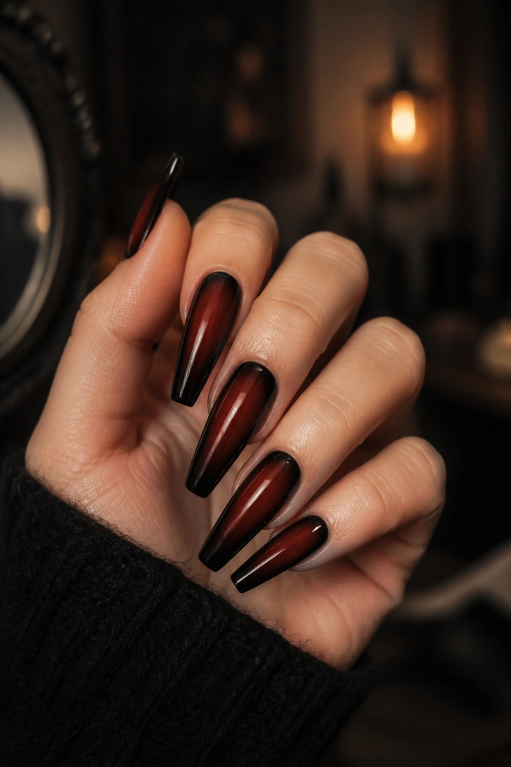 Gothic aura red and black coffin nails close-up