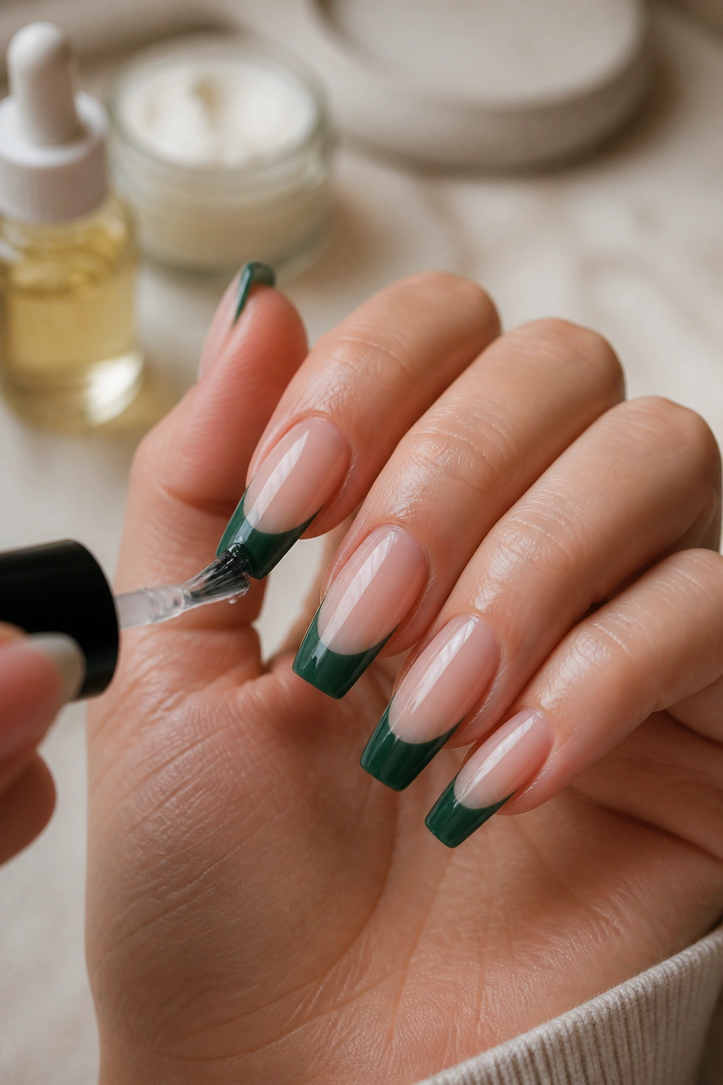 Close-up of green French tip coffin nails with glossy top coat