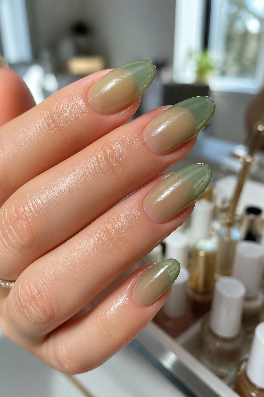 Close-up almond nails with translucent green jelly polish on a real hand