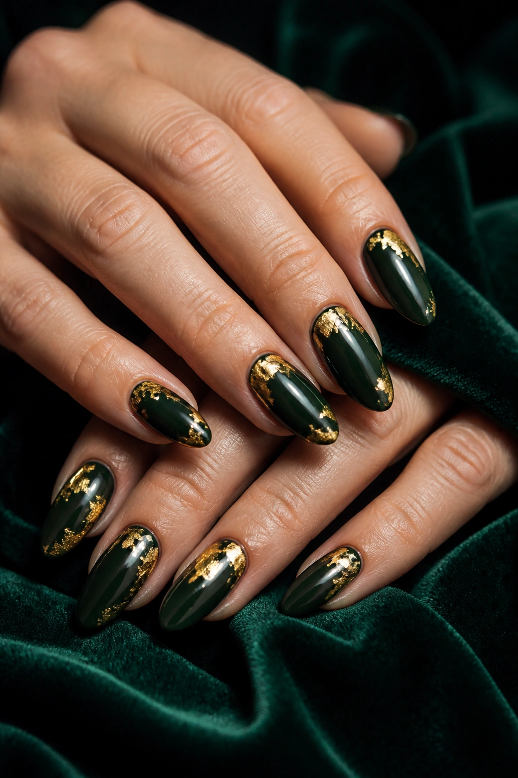 Close-up of dark green nails with gold foil accents on real hands
