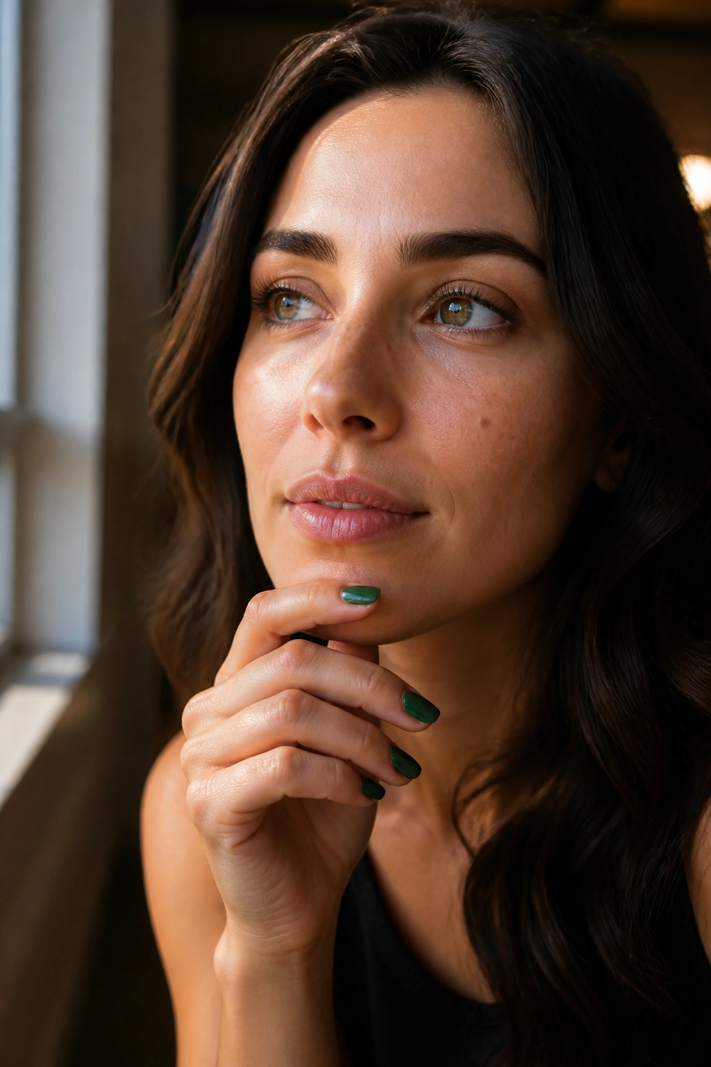 Close-up of a real woman's hand with short squoval green nails in warm window light