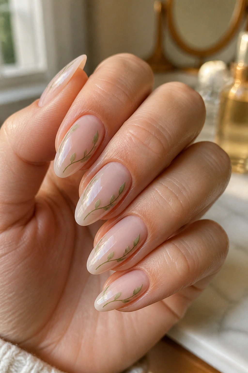 Close-up of almond nails with a delicate green vine tracing along the natural nail shape