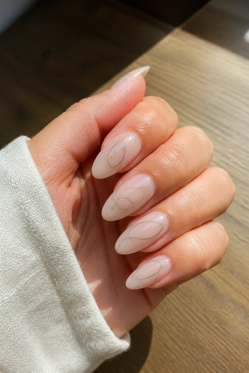 Close-up of a real hand with almond nails showing tiny greige line art on a sheer nude base