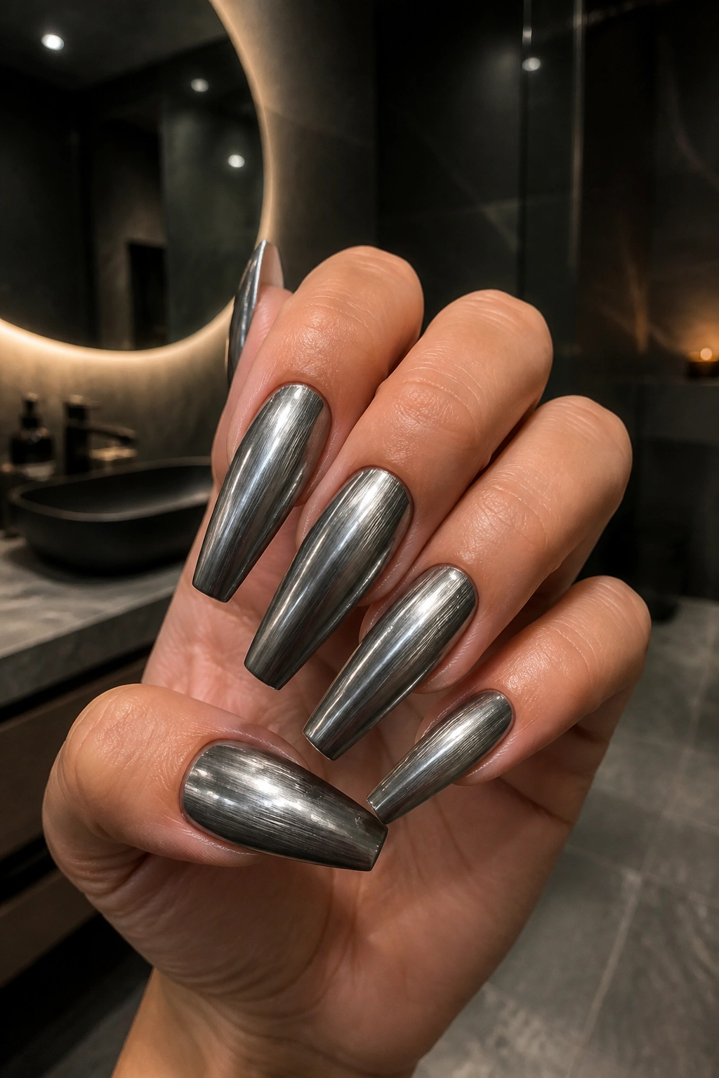 Gunmetal chrome coffin nails with brushed-metal finish
