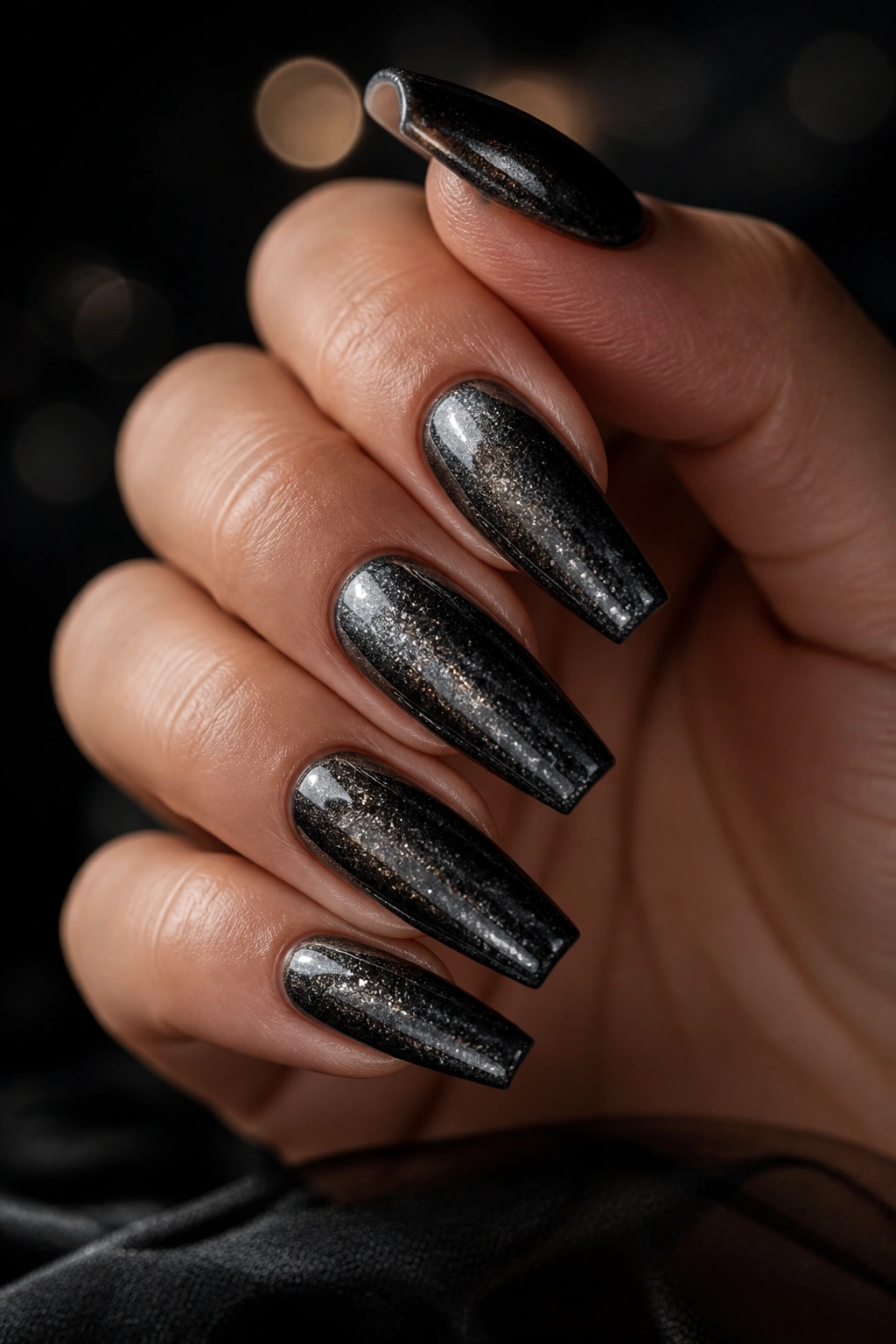 Close-up of black glitter coffin nails with gunmetal chrome veil