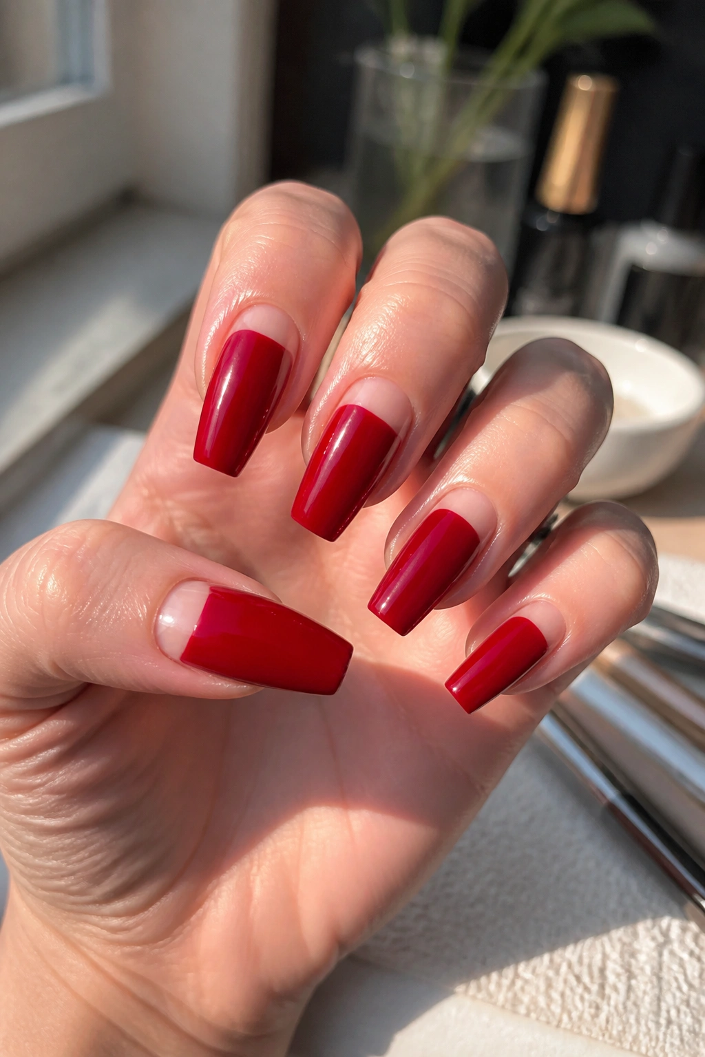 Close-up of coffin nails with bare cuticle crescent and cherry red polish