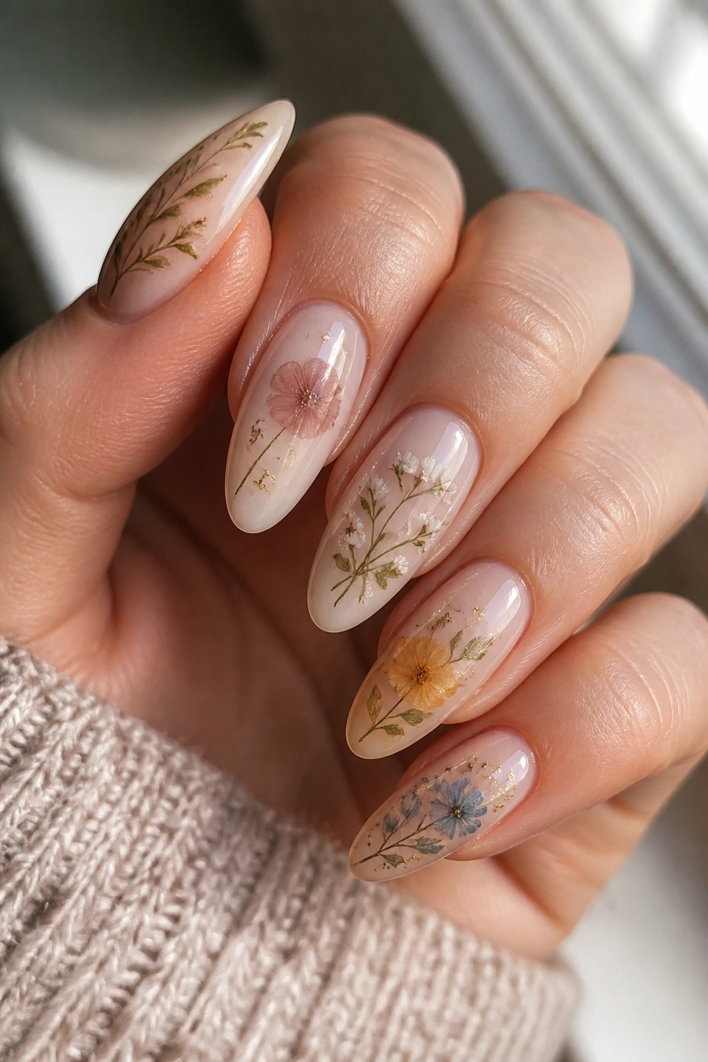 Close-up of almond nails with herbarium-style floral patterns on sheer base