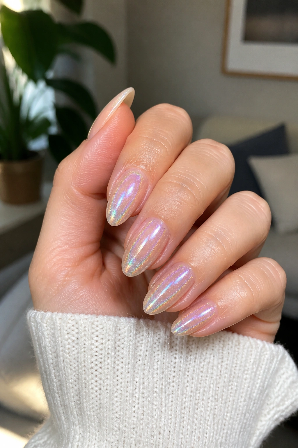 Close-up of holographic ombre almond nails on a real hand