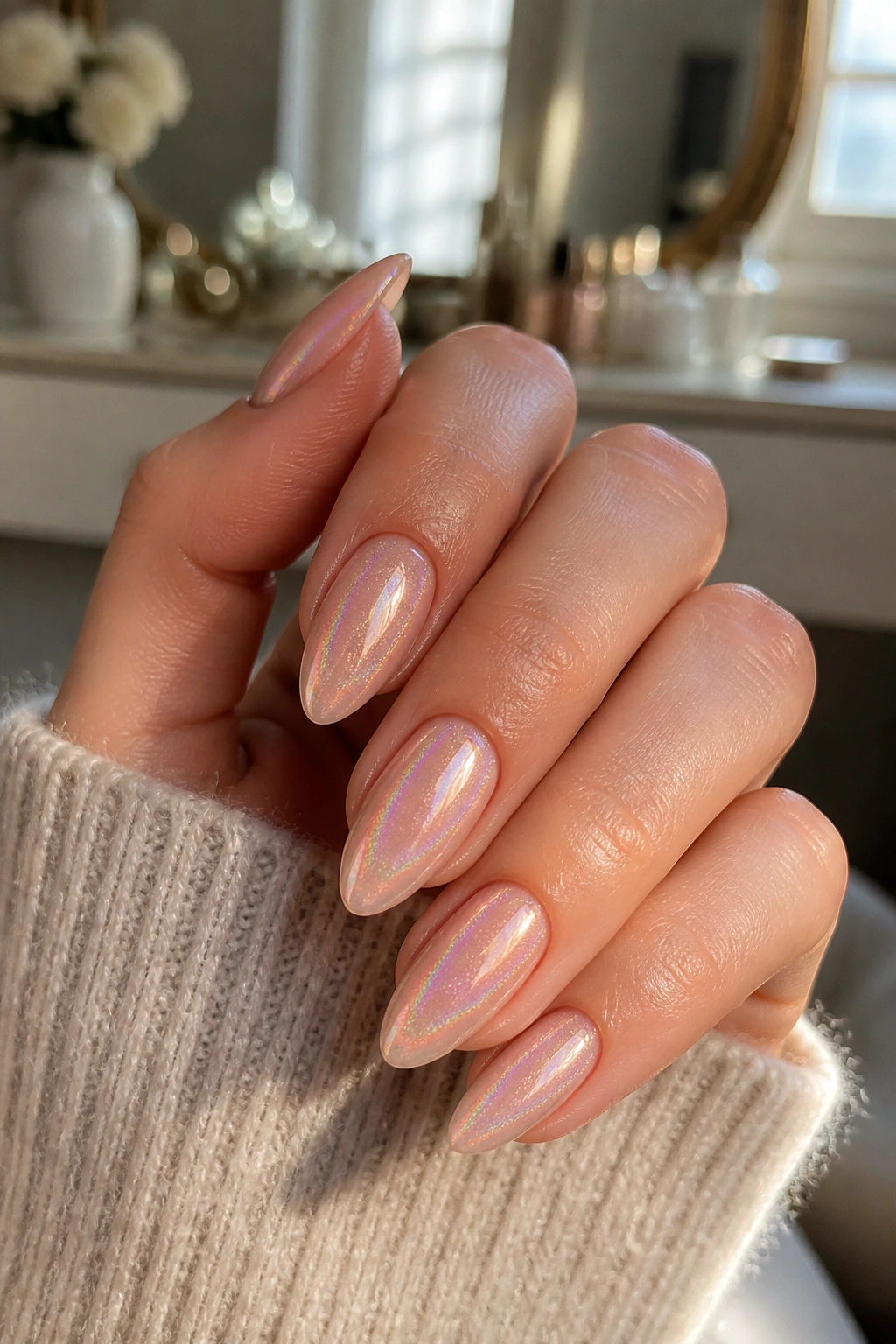 Close-up of nude almond nails with holographic topcoat catching rainbow light