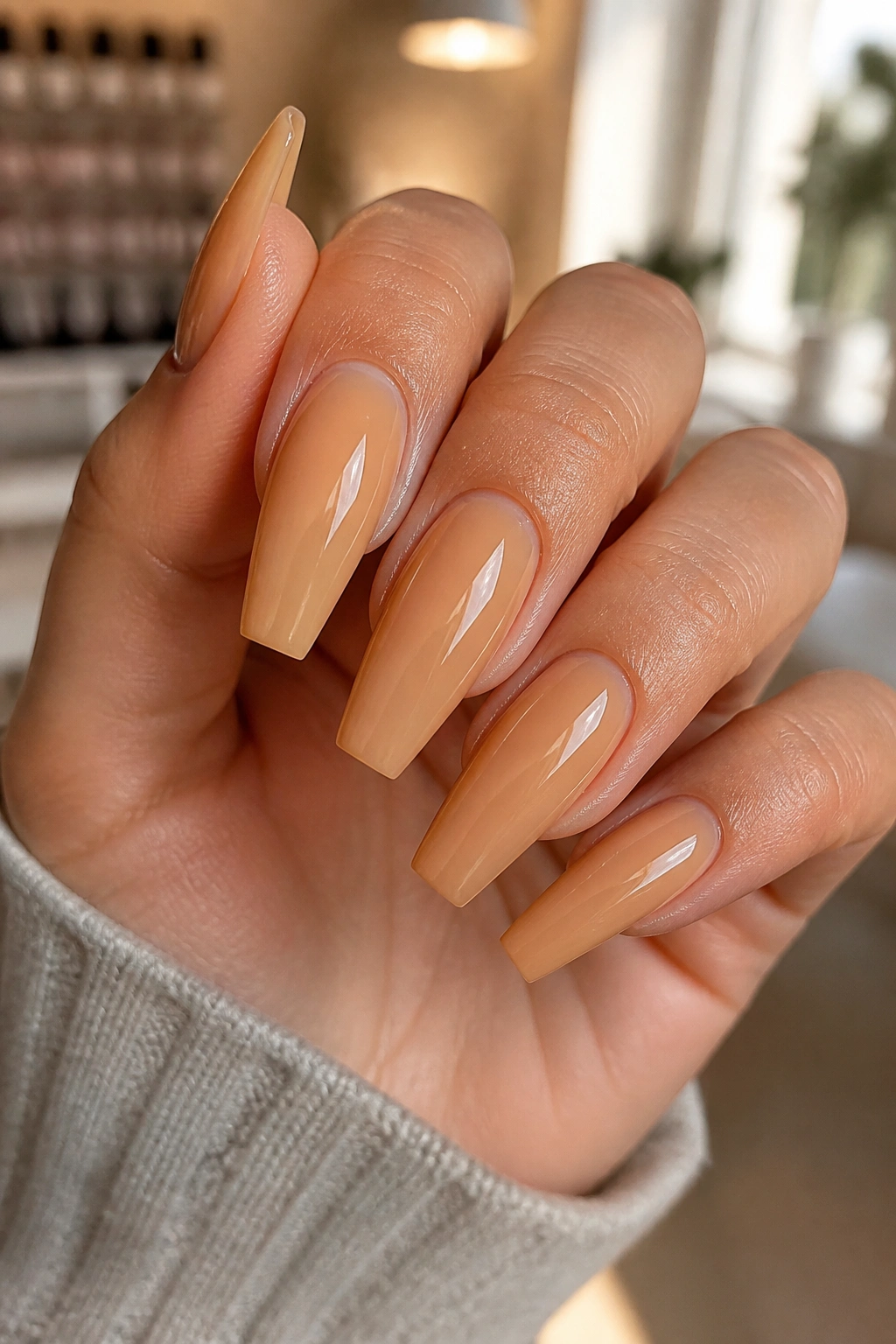 Close-up of warm honey nude coffin nails on a real hand in a sunlit salon