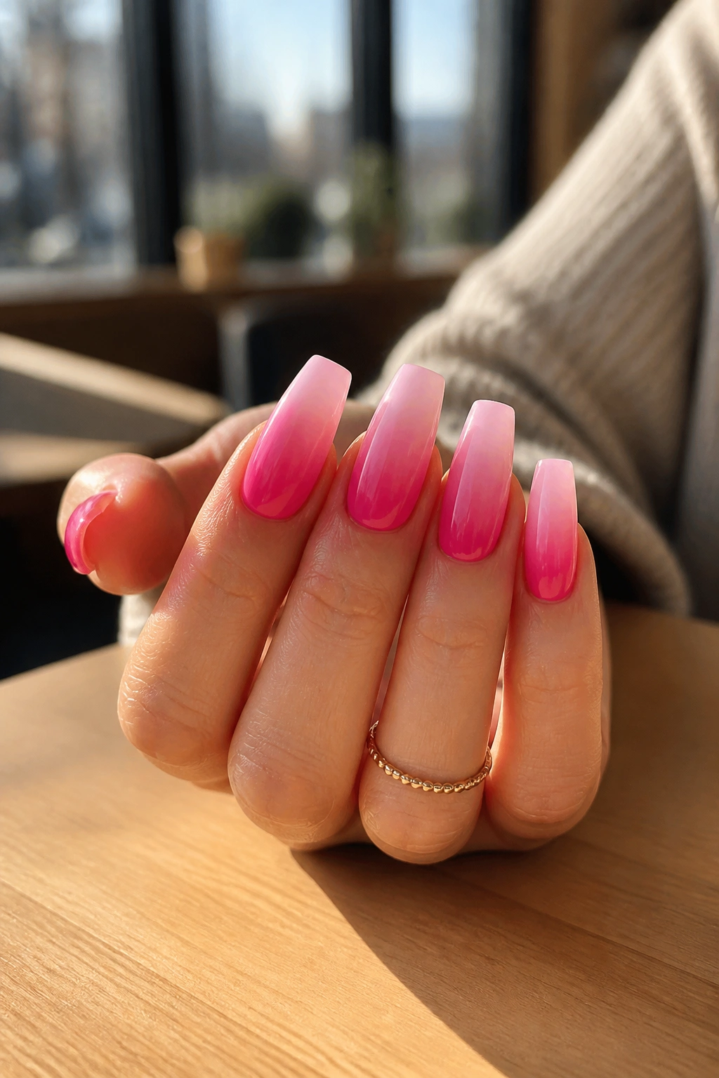 Close-up of hot pink roots fading into cotton candy ends on real hands