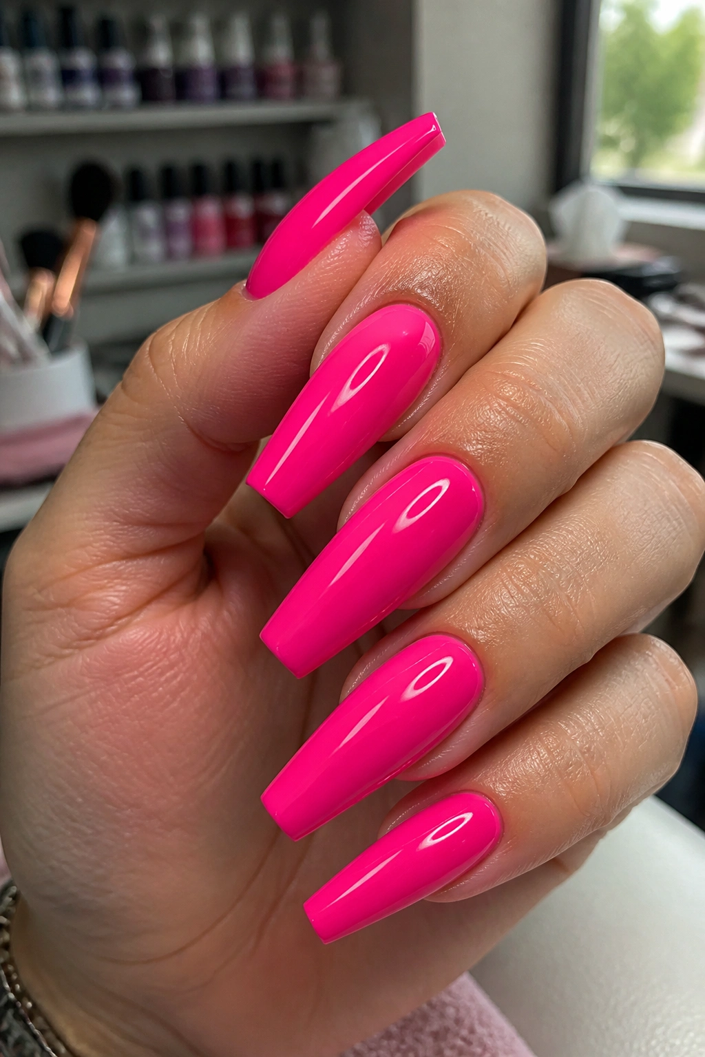 Close-up of glossy blue-based hot pink coffin nails on a real hand in a salon