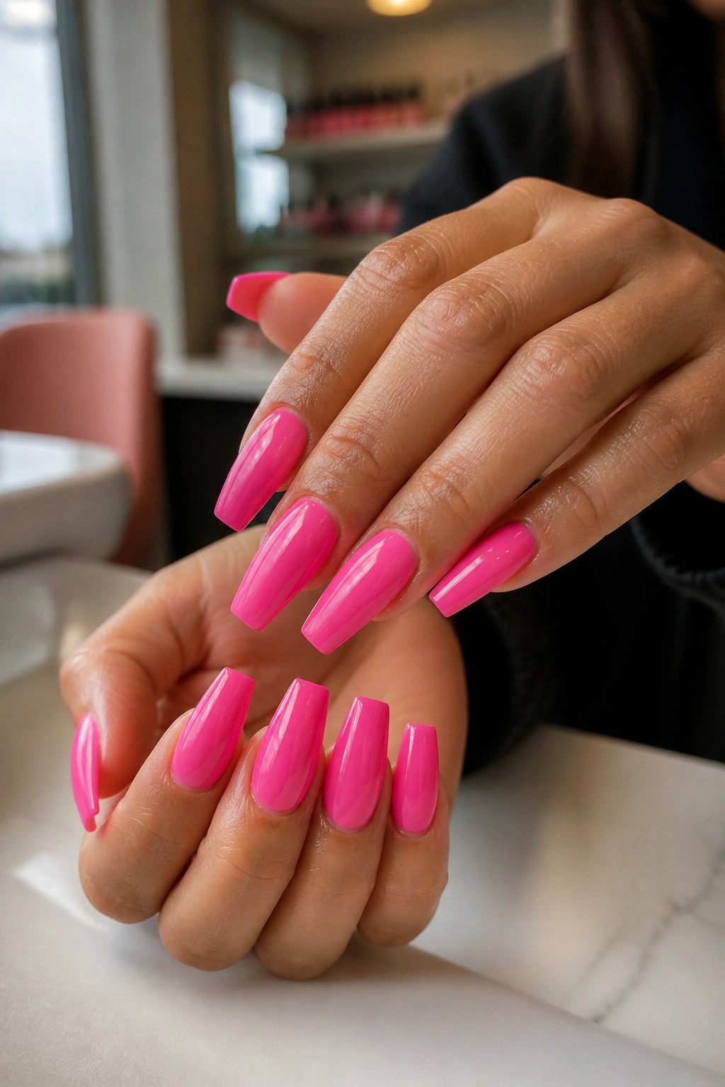 Close-up of real hands showing hot pink coffin nails in a salon consultation setting
