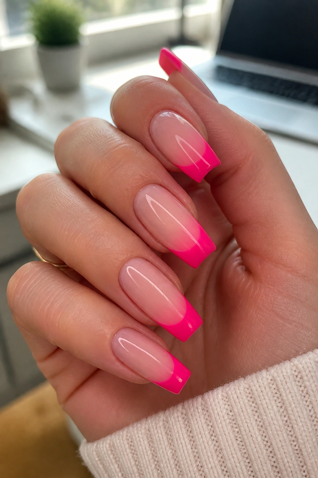 Close-up of hot pink coffin nails with French tip on nude base
